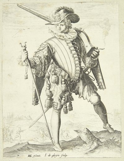 あごひもをつけた兵士（arquebus） 作： Gheyn, Jacques II de