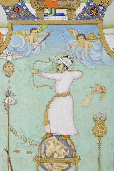 ジャハーンギールの寓意的な肖像画の詳細 (紙に不透明な水彩と金) 作： Ghulam Ali Khan