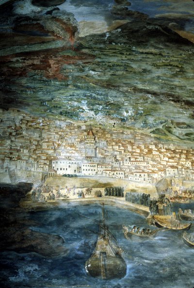 1669 年、エトナ火山の噴火により、カターニア (シチリア) の街は荒廃しました。 ジャチント・プラタニアの絵。 カターニアのドゥオーモの聖具室。 作： Giacinto Platanio
