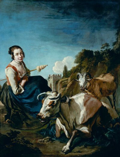 岩の多い風景の中で牛と羊を持つ少女、1700年頃（キャンバスに油彩） 作： Giacomo Ceruti