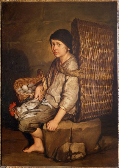 かごを背負って座っている用事の少年、卵と鶏肉、1735年頃（帆布に油彩） 作： Giacomo Ceruti