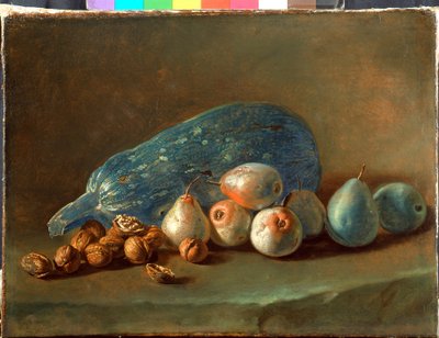 カボチャ、梨、クルミのある静物画 作： Giacomo Ceruti