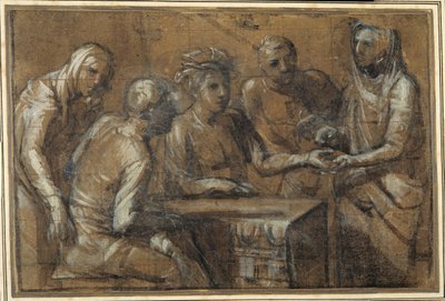 室内にいる5人の人物（チャコールの高さに白のボディカラーが映える 作： Giacomo (attr. to) Cavedone