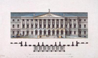 スモルニー研究所のプロジェクト。メインファサードと1階平面図、1806-1808 作： Giacomo Antonio Domenico Quarenghi