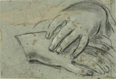 組んだ手（レクト）；ドレープで部分的に覆われた右足（裏面） 作： Giacomo Cavedone