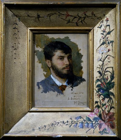 花のモチーフを描いたフレームを持つ自画像 作： Giacomo Favretto