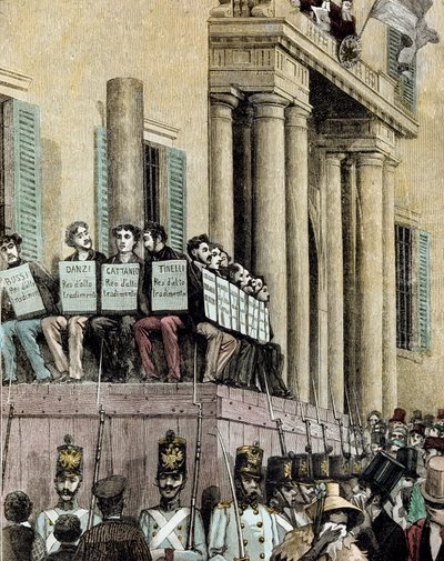 リソルジメント。「ミラノの司法裁判所の前に座って、1848年に彼らを亡命させる判決を聞いているジョヴィネ・イタリア運動のメンバー（カルロ・カッタネオ（1801-1869）、ティネッリ、ダンツィ、ブッシなど）」 1884年 Mantegによるリトグラフ 作： Giacomo Mantegazza