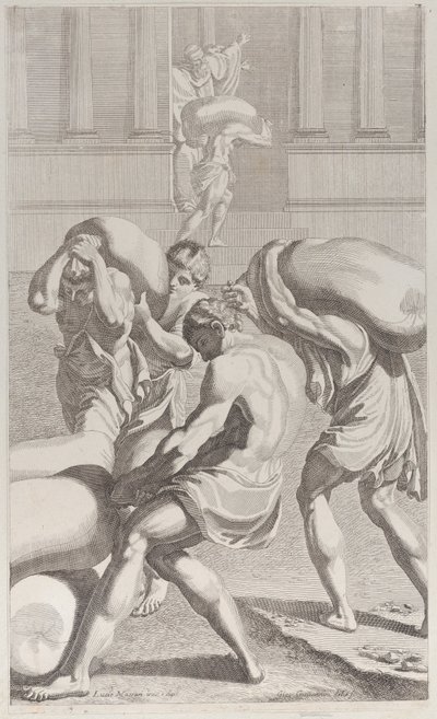 聖ベネディクト修道院に鉛の袋を持ち込む男たち、1687～1717年。 作： Giacomo Maria Giovannini