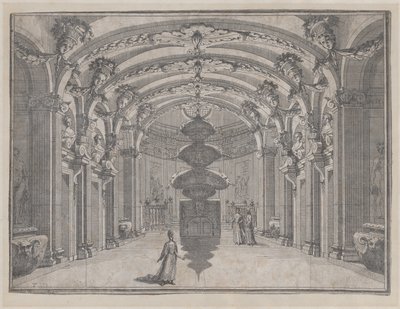 アーチ型の天井と中央の彫刻がある大広間の演劇シーン、... 1687-1717。 作： Giacomo Maria Giovannini