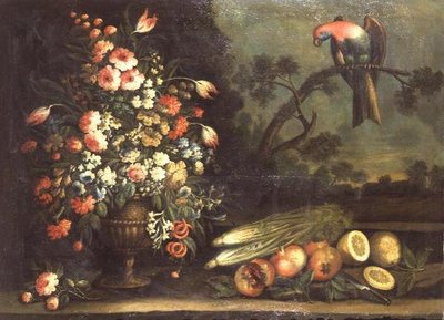静物、ミックスフラワー、野菜、オウム 作： Giacomo Nani