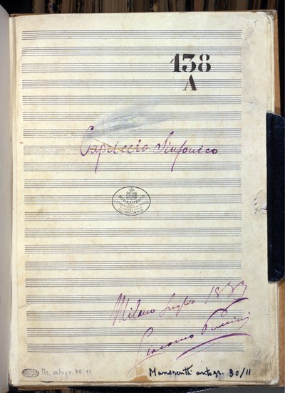 作曲家ジャコモ・プッチーニ（1858-1924）が1883年に作曲した「Cappriccio sinfonico（交響的奇想曲）」の手稿楽譜。ミラノのジュゼッペ・ヴェルディ音楽院の図書館 作： Giacomo Puccini