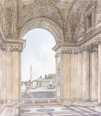 1779年以前の、大聖堂の柱廊玄関から南に見たローマのサンピエトロ広場の眺め 作： Giacomo Quarenghi