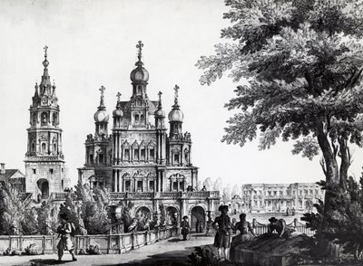 モスクワの聖母被昇天教会とガガーリン宮殿、ジャコモ・クアレンギ・ドメニコ（1744-1817）の描いた絵、版画、ロシア 作： Giacomo Quarenghi