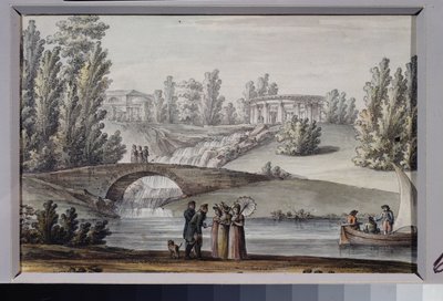 アポロ神殿とパブロフスク公園 (サンクトペテルブルク) の滝。 ジャコモ アントニオ ドメニコ クアレンギ (1744-1817) の作品、紙にインクと水彩、1800 年頃。イタリア美術 作： Giacomo Quarenghi