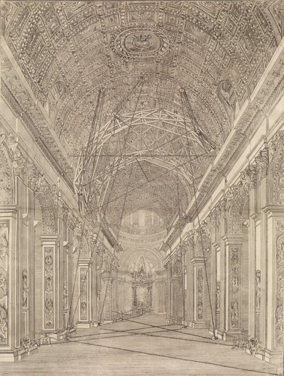 サン ピエトロ大聖堂の丸天井の修復のために建てられた足場: 概要... 1773年。 作： Giacomo Sangermano
