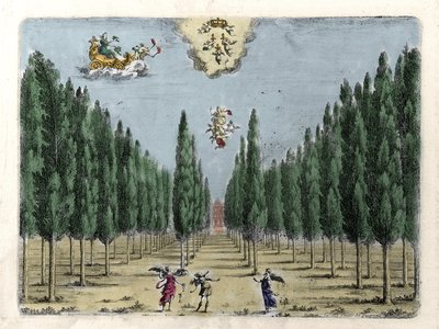 フランチェスコ・サクラティによる全5幕のオペラ「La finta pazza（La Folle supposee）」の挿絵。ヤコポ・トレッリの版画 作： Giacomo Torelli