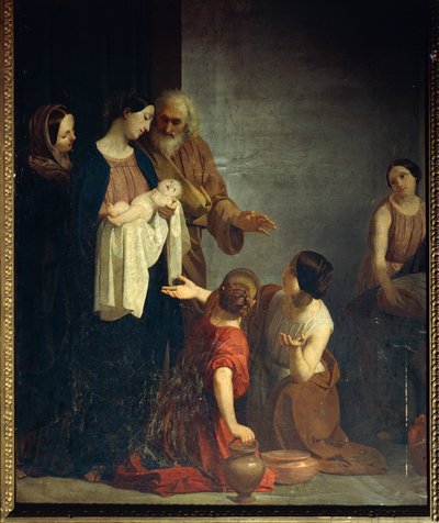 聖母マリアの降誕を描いたジャコモ・トレクール (1812-1882) の絵画、キャンバスに油彩 作： Giacomo Trecourt