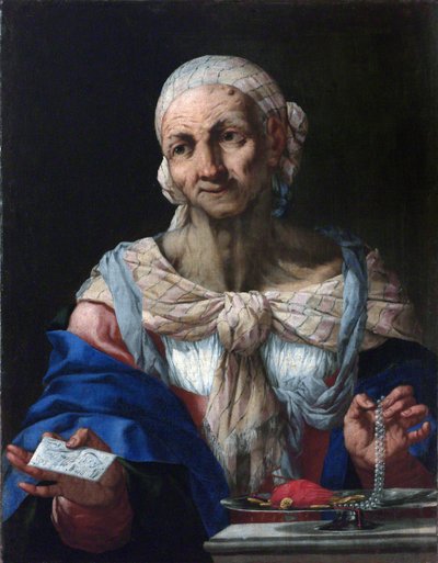 Vieille femme avec un collier de perles et une lettre (vanite) - 真珠の首飾りと手紙を持つ老女（ヴァニタス） - Giovan Battista Langetti (1635-1676).キャンバスに油彩、1663年頃プラハ、ナショナルギャラリー 作： Giambattista Langetti