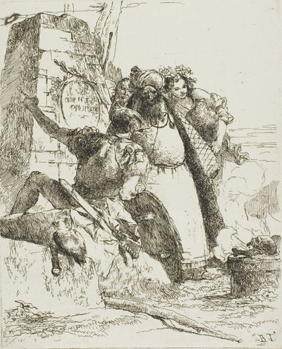 スケルツィより、魔術師、兵士、燃える頭蓋骨を見つめる 3 人の人物 作： Giambattista Tiepolo