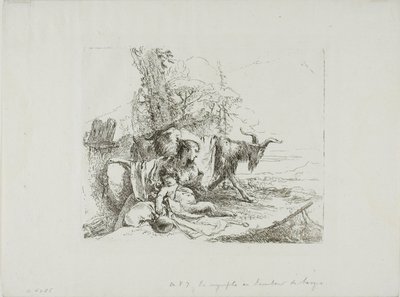 カプリッチより、小さなサテュロスと二頭のヤギを連れたニンフ 作： Giambattista Tiepolo