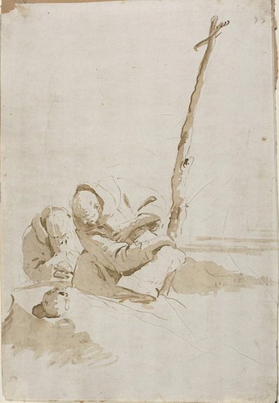 頭蓋骨を熟考する 2 人の修道士 作： Giambattista Tiepolo