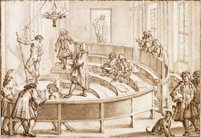 ボローニャのクレメンティーナ・アカデミーにて、デッサン教師にポーズを取らされる裸体と、その背後にファルネーゼのヘラクレス像（黒チョーク、ペン、茶色インクと茶色ウォッシュ） 作： 