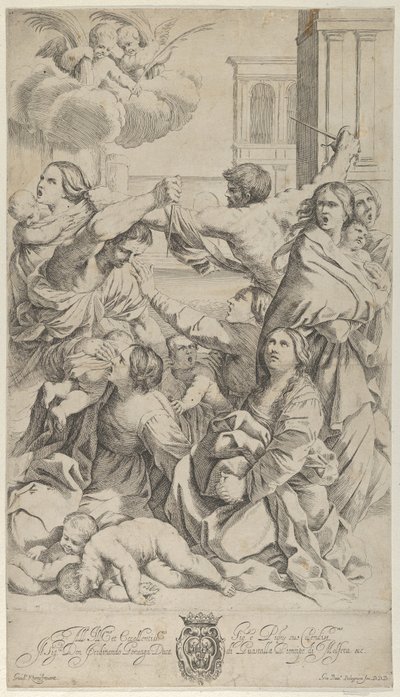 Innocents の虐殺、攻撃されている女性と子供のグループ、2 人の天使 a...、ca. 1640-70。 作： Gian Battista Bolognini