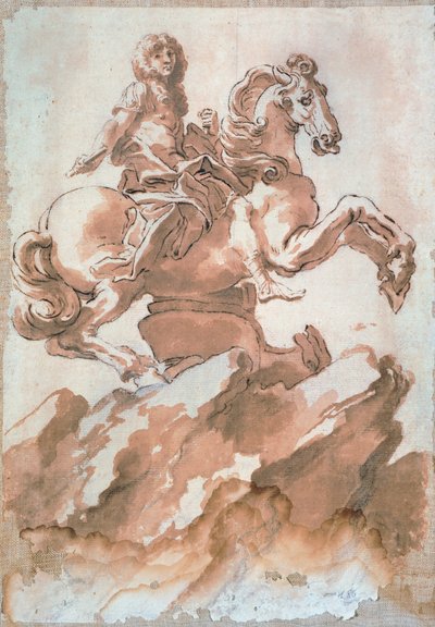 ジャン・ロレンツォ・ベルニーニ（1598-1680）による「馬に乗ったルイ14世」のスケッチ、ペンとインクによるドローイング 作： Gian Lorenzo Bernini