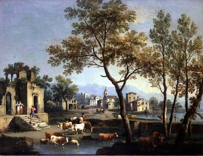 農民と牛のいる村の通り 作： Gianbattista Cimaroli