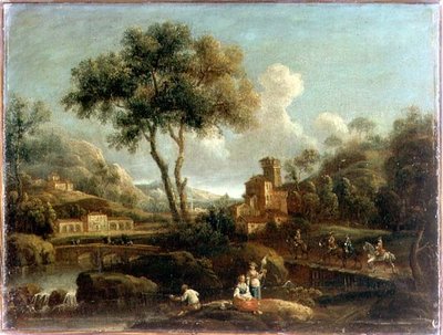 旅人のいる森の川の風景 作： Gianbattista Cimaroli