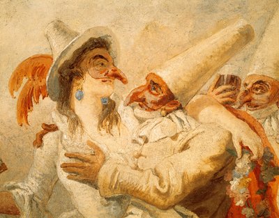 Giandomenico Tiepolo (1727-1804) のカーニバル、フレスコ画、3 つのマスクの詳細、Ca
