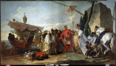 Jules Cesar meeting Cleopatra (シーザー ミーティング クレオパトラ)。 ジャンドメニコ・ティエポロ (1727-1804) の絵画。 キャンバスに油彩、337 x 608 cm 作： Giandomenico  Tiepolo