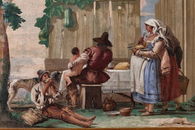 フォレステリア（ゲストハウス）の素朴なシーンの部屋からのテーブルの農民家族1757（フレスコ画） 作： Giandomenico  Tiepolo