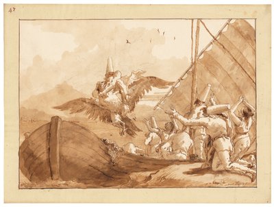 鷲に連れ去られたパンチネロ（紙にチョーク、ペン・インク、水彩） 作： Giandomenico (1727 1804) Tiepolo
