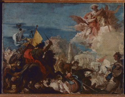 1438年にニッコロ・ピッチニーノからの攻撃を受けて、聖人ファウスティヌスとジョビタがブレシアを守るために登場 作： Giovanni Domenico Tiepolo