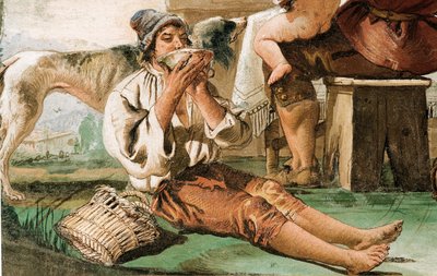 1757年のフォレステリアにある、田舎の風景の部屋からのテーブルでの農民家族の詳細 作： Giovanni Domenico Tiepolo