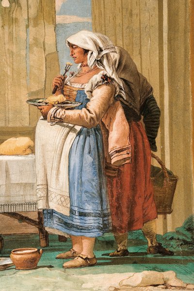 1757年のフォレステリアにある、田舎の風景の部屋からのテーブルでの農民家族の詳細 作： Giovanni Domenico Tiepolo