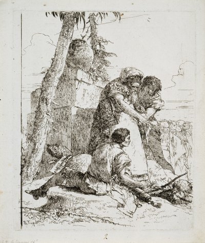 魔術師が2人の若者に燃えている頭を指摘しているc。 1740年代 作： Giovanni Domenico Tiepolo