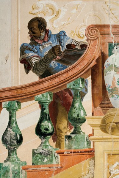 フォレステリアのカーニバルシーンの部屋からのトレイを保持しているムーア人の召使い、1757年 作： Giovanni Domenico Tiepolo