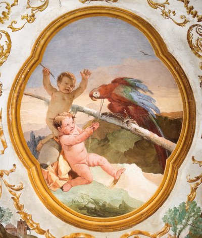 フォレステリアのプッティルームからのオウムとプッティ（ゲストハウス）1757 作： Giovanni Domenico Tiepolo