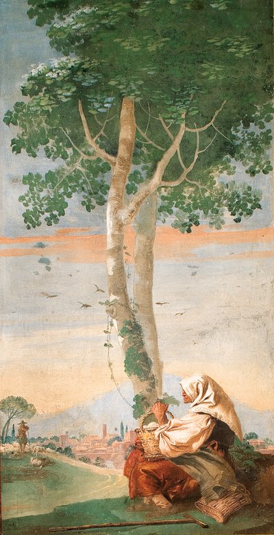 田園風景の部屋からの卵のバスケットと木の下に座った農民の高齢女性、1757 作： Giovanni Domenico Tiepolo