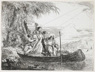 ：1750年から1753年のエジプトへの飛行からボートに入る聖家族 作： Giovanni Domenico Tiepolo