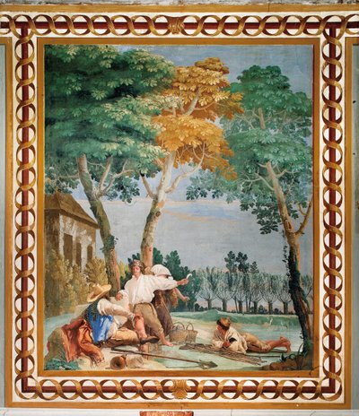 農民は、素朴な情景の部屋から、1757年のフォレステリアで休息します。 作： Giovanni Domenico Tiepolo