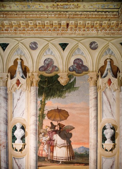 フォレステリアのゴシックパビリオンの部屋からのサマーウォーク、1757 作： Giovanni Domenico Tiepolo