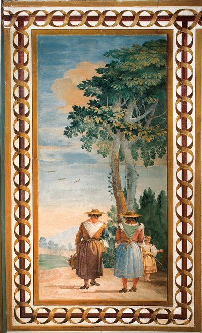 1757年、フォレステリアで素朴な風景の部屋の後ろから見た3人の農民 作： Giovanni Domenico Tiepolo