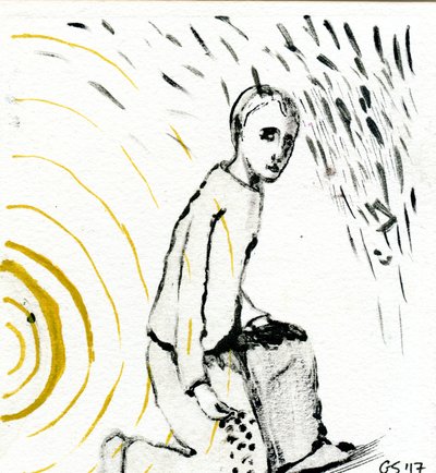 太陽と雨の間、2017（紙に油彩） 作： Gigi Sudbury
