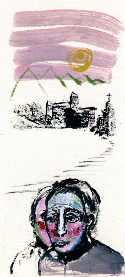 マウンテンビレッジ、2017年（紙に油彩） 作： Gigi Sudbury