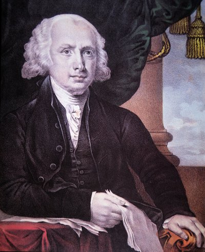 James Madison (1751-1836) Nathaniel Currier (1813-88) が出版したもの（カラーリトグラフ）。 作： Gilbert (after) Stuart