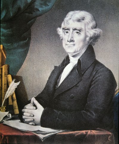 トーマス・ジェファーソン（1743-1826）はナサニエル・カリアー（1813-88）によって出版された（カラーリトグラフ）。 作： Gilbert (after) Stuart