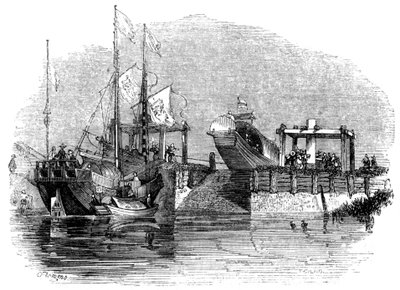 水門または運河の水門の上に引かれたボート、1847年 作： Giles